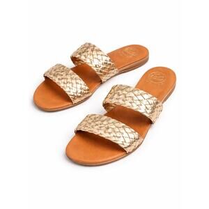 Andre Assous Naria Gold Woven Leather Slides Sz 10 Made Spain NWT $129
